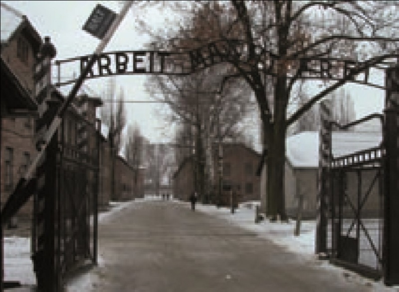 File:The gates of Auschwitz I and the original brick barrack buildings of the first site.jpg