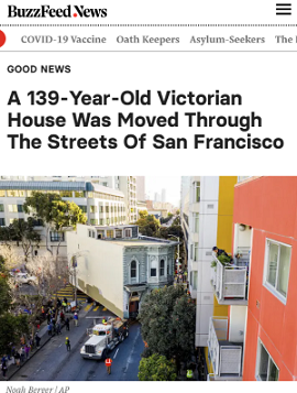 Buzfeed 050321.der Umzug eines 139 Jahre alten viktorianischen Hauses durch die Straßen von San Francisco zog eine aufgeregte Menge von Zuschauern an, die herauskamen, um zu beobachten, wie ein LASTWAGEN das historische Haus langsam und vorsichtig durch die Straßen zog.